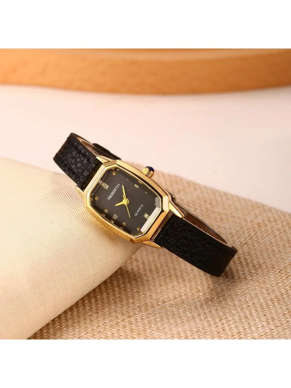 Women’s Black Gold Rectangular Quartz Leather Strap  Classic Vintage Wrist Watch